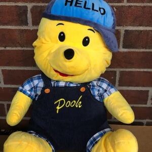 VINTAGE DISNEY XL WINNIE THE POOH PLUSH SCHOOL BOY OVERALLS BLUE CAP 20 INCH